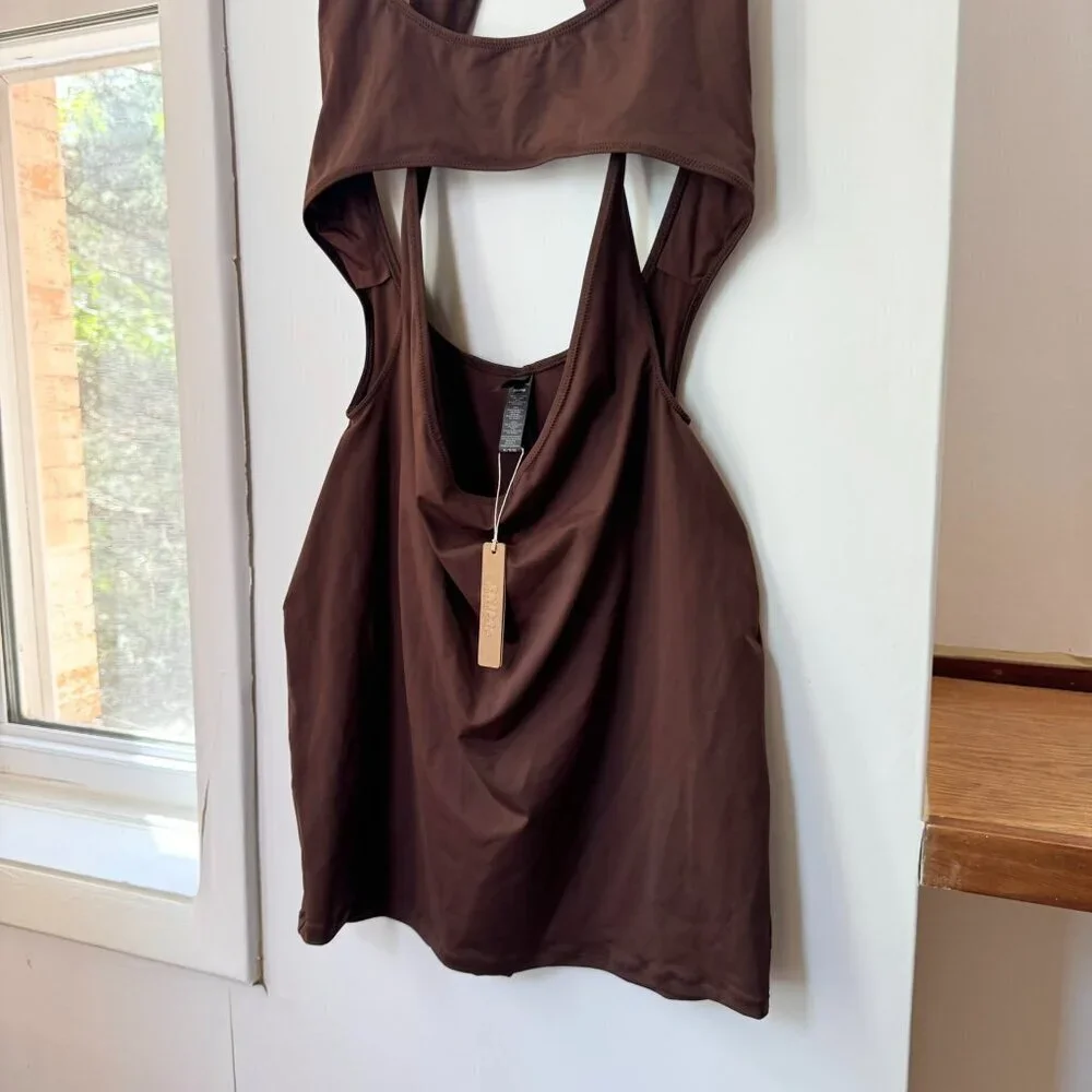 NWT SKIMS Recycled Swim Cut Out Tank Dress Cocoa XL